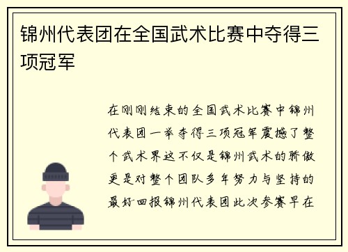 锦州代表团在全国武术比赛中夺得三项冠军
