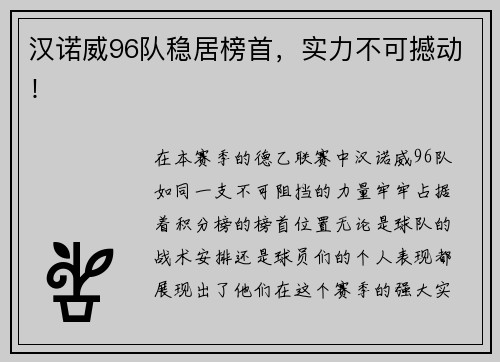 汉诺威96队稳居榜首,实力不可撼动!